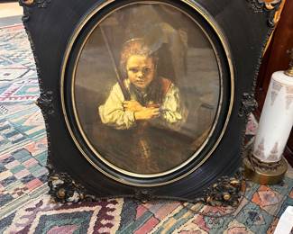 Rembrandt print “A Girl with a Broom” 1651 - beautiful antique frame 