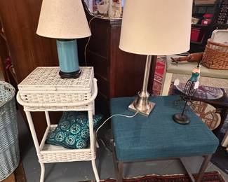 Wicker sewing cabinet - hid your remotes! Teal bench.  