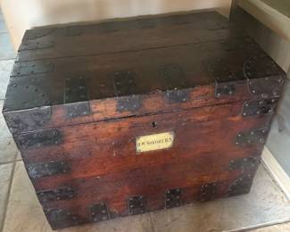 Large lined 19th C iron banded travel trunk made by H D Dean, with RN's name plaque