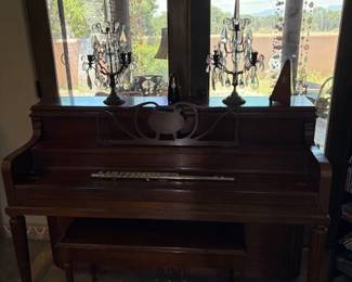 Antique upright piano and a second set of Baccarat style girandole candelabra