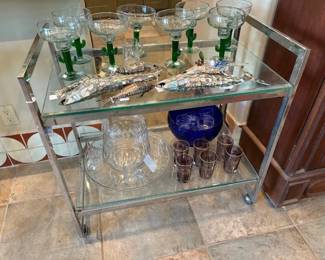 Vintage bar cart and bar ware