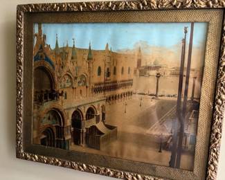 Hand colored photo of St Mark's Square, Venice, ca 1920, in period frame