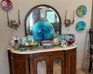 Victorian burl walnut marble topped sideboard and majolica