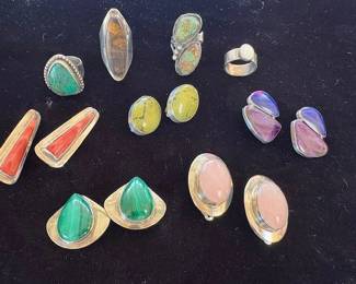 Vintage Dine sterling and semiprecious stone earrings and rings, Ben J. Chavez, Nakai, Murphy Platero, etc