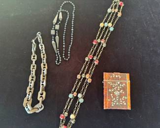 Victorian mourning and other necklace, tortoiseshell and MOP calling card case