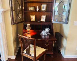 Secretary, Antique framed photos of unknown persons, soldiers, children and women.