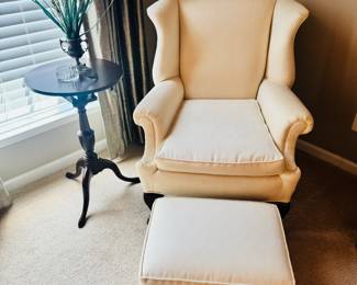 Ivory Colored Upholstered Arm Chair and Ottoman, Side Table and Home Accent