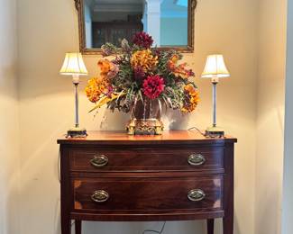 Kittinger Sideboard/Chest, Vintage Lucite and Onyx Lamps, Artificial Floral