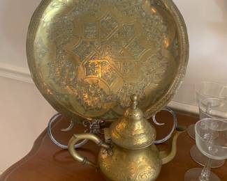 Brass charger, brass teapot 
