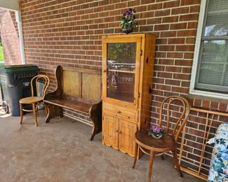 Small pine hutch, chairs, and church bench