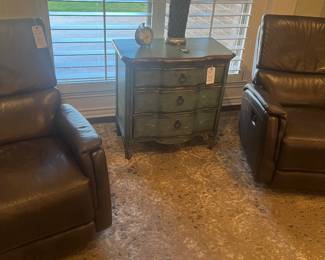 Painted chest and two leather recliners