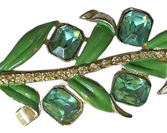 Green Enamel Leaf Brooch with Rhinestones