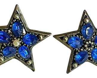 Blue Rhinestone Star Clip Earrings