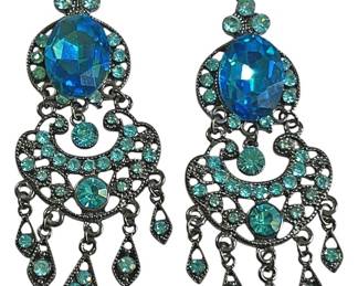 Blue Rhinestone Chandelier Earrings