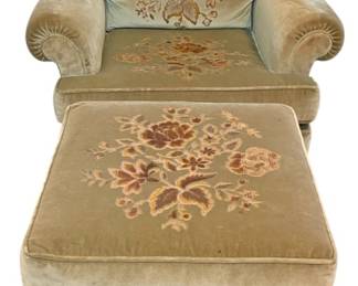 Green Floral Velour Chair Ottoman