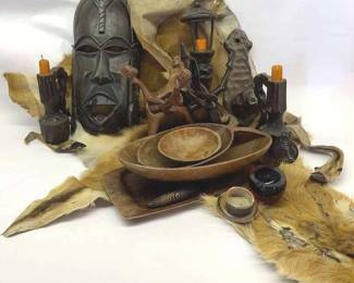 African Tribal Decor Lot HandCarved Mask, Candle Holders, Bowls, and Sculptures