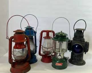 5 Vintage Lanterns Coleman, Adlake, Railroad Barn Lanterns