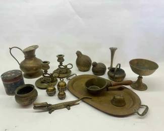 Vintage Brass Metal Decor Lot Candlesticks, Bells, Figurines, Cloisonne More
