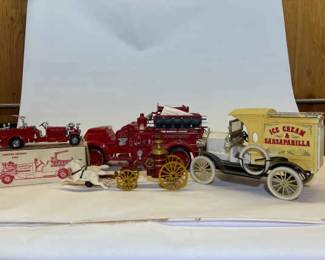 Vintage DieCast Collectible Vehicles Fire Trucks, Ice Cream Wagon, More