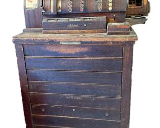 Antique National Cash Register with Original Wooden Stand Early 1900s