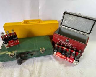 Vintage CocaCola Cooler, Bottles and Coleman Camping Stove with Picnic Table