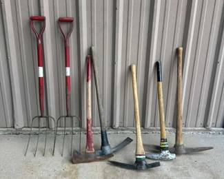 Lot of Vintage Farm Hand Tools Forks, Picks, Mattocks