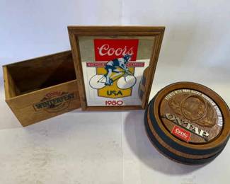 Coors Memorabilia Lot Vintage Wooden Crate, 1980 Bicycle Classic Mirror, Barrel Wall Plaque