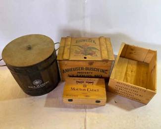 Vintage Wooden Beer And Wine Crates Paul Masson, Budweiser, MoutonCadet