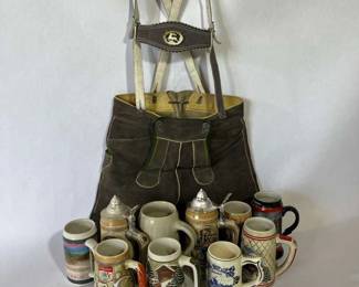 Bavarian Oktoberfest Lot Lederhosen with Suspenders 13 Vintage German Beer Steins Mugs