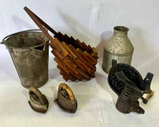 Antique Farmhouse Lot Root Never Fail Grinder, Milk Can, Irons More