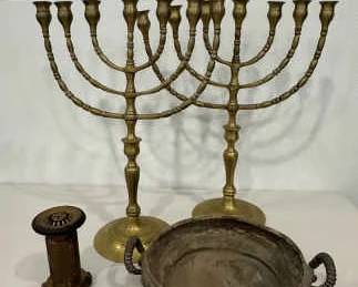 Vintage Brass Quadruple Silverplate Decor Lot Menorahs, Fire Hose Nozzle, Footed Bowl