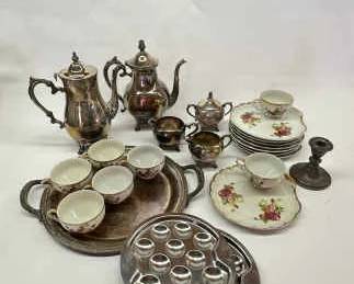 Collection of FB Rogers Silverplate and Floral Porcelain Tea Set