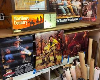 Vintage Advertising Poster Lot Marlboro, Coors, E.T., Firefighter, Bonus Bin of Rolled Posters