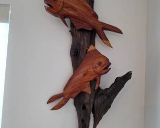 Hand carved wood fish art.