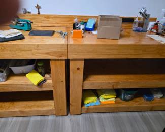 Custom, solid wood, heavy, work stations. Electrified 
3 @ 66L x 24 w x  27 H
1@  72 x 24 w x 27 H. $500 each