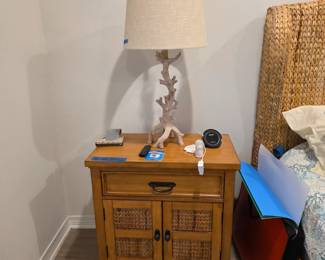 Matching pair of wood and woven seagrass nightstands $300
