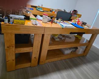 Custom made, solid wood, heavy, electrified work stations 
3 @ 66L x 24 w x 37 H  
1 @ 74L x 24 w x 37 H.     $500 each