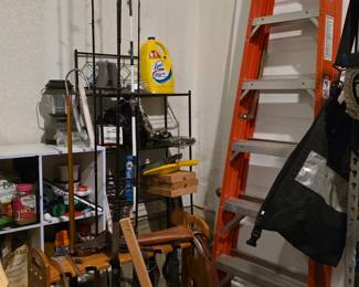 Fishing gear, ladder, garage items.