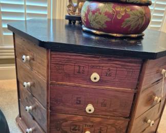 A Very nice finish on this old  Bolt -  Table fitted with original octaganol drawers.