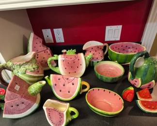Large collection of watermelon theme serving dishes
