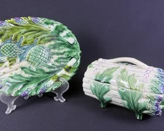 Antique Majolica Asparagus Platter & Tureen