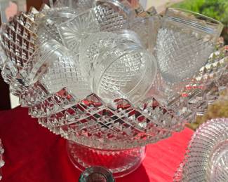 vintage cut glass, large punch bowl with stand and glasses