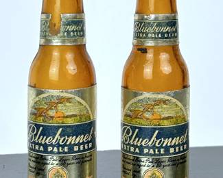 Vintage Bluebonnet Beer Glass Bottles Salt & Pepper Shakers.  Bluebonnet Beer was produced by the Dallas Fort Worth Brewing Co of Texas during the 1930s and 1940s.