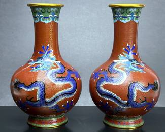 Pair of Chinese Cloisonne Dragon Vases 