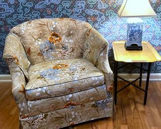 Vintage swivel club lounge chair by Cloud Nine Chair Company of Hickory, NC.   It was purchased by Hamilton House Interiors, a once prominent home interior store in Corsicana.