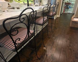 Set of 3 bar stools - striped fabric with metal backs