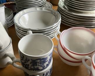 Churchill England Willow Porcelain Blue and White Tea Cups; 6” Cordell’s Bluet Coupe Soup/Cereal Bowls; Vintage Pyrex Flamingo Pink Trim Coffee Cups (6 cups)