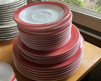 Vintage 1953nPyrex Corning Milk Glass Flamingo Pink Rim Saucers, 5.5” Plates, dinner Plates