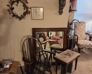 Antique rocker, large  heavy mirror, needlepoint stool
