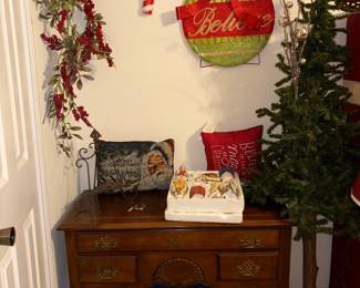 Cabinet, Nativity set, decorative pillows 